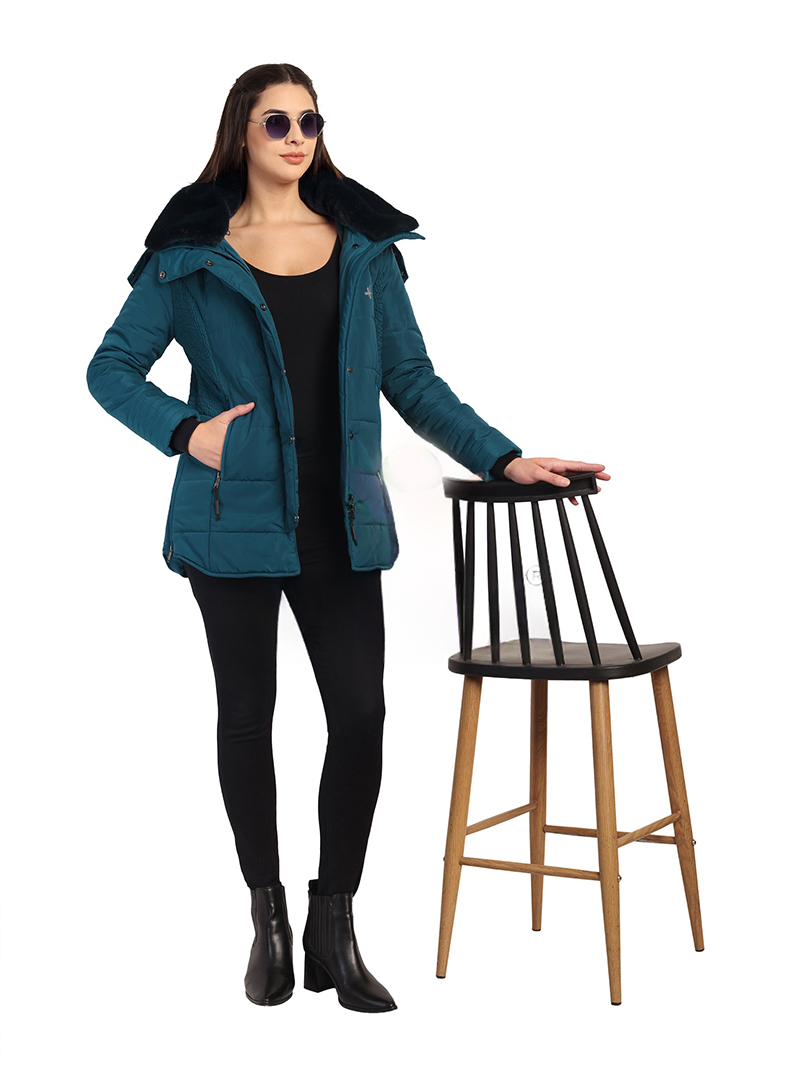HIVER Women's Nylon Jacket Water Proof Full-Sleeved Winter Jacket with Hood For Minus Degree | Jackets (Teal Blue) - Image 2