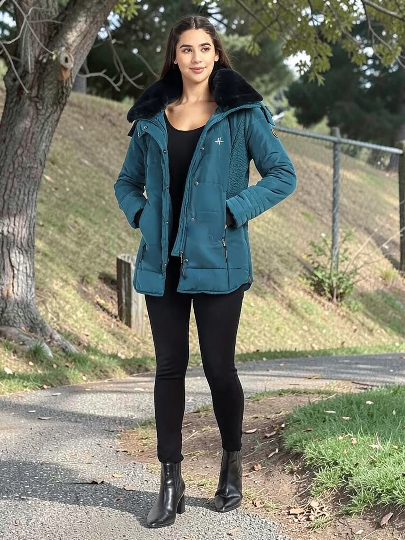 HIVER Women's Nylon Jacket Water Proof Full-Sleeved Winter Jacket with Hood For Minus Degree | Jackets (Teal Blue) - Image 3