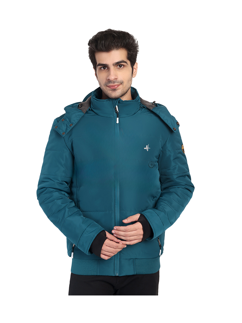 HIVER Men's Nylon Winter Jacket for Minus Degree Snow Conditions- Hooded Trekking Jackets (Teal Blue)