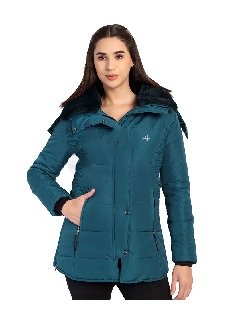 HIVER Women's Nylon Jacket Water Proof Full-Sleeved Winter Jacket with Hood For Minus Degree | Jackets (Teal Blue)